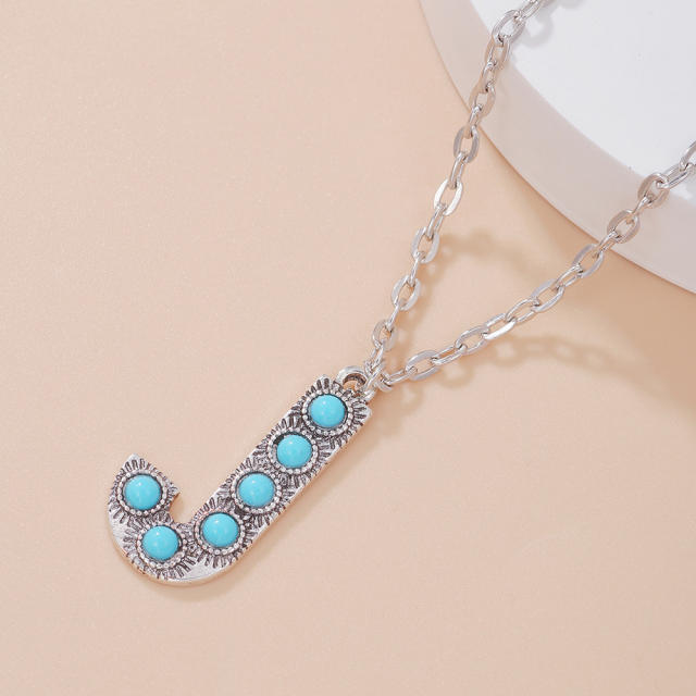 Boho turquoise bead initial letter pendant alloy necklace