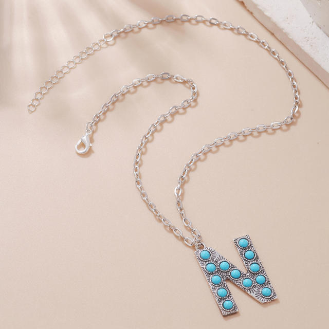 Boho turquoise bead initial letter pendant alloy necklace