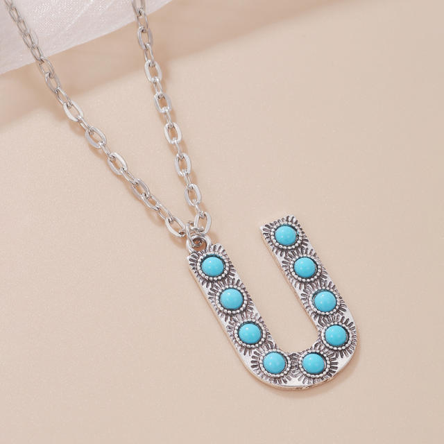 Boho turquoise bead initial letter pendant alloy necklace