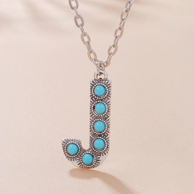 Boho turquoise bead initial letter pendant alloy necklace