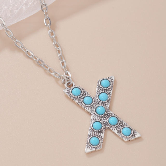 Boho turquoise bead initial letter pendant alloy necklace