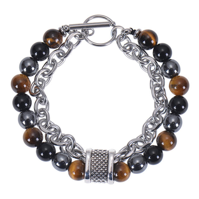 Occident fashion natural stone bead stainless steel chain bracelet for men