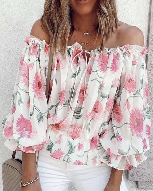 Sweet chiffon floral off shoulder long sleeve tops