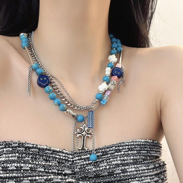 Y2K personality blue bead cross pendant smile face necklace