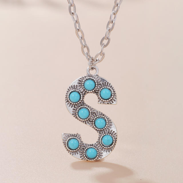 Boho turquoise bead initial letter pendant alloy necklace