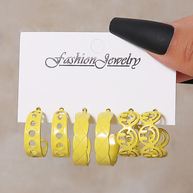 3 pair color printing alloy hoop earrings set