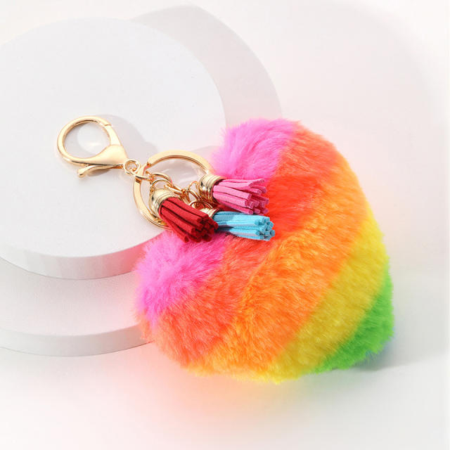 Cute rainbow heart fluffy keychain