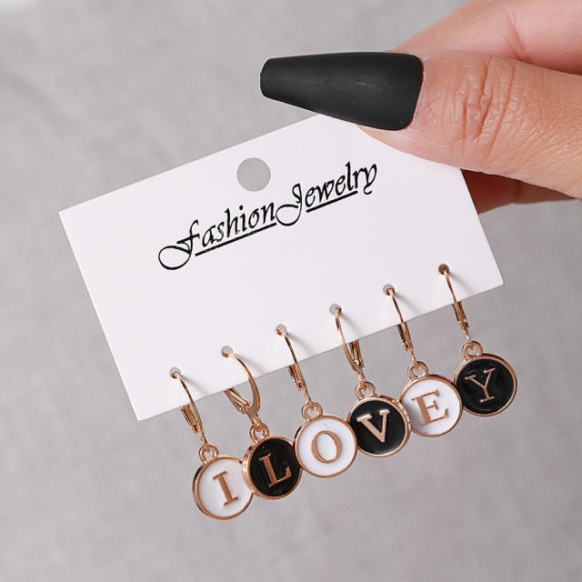 3 pair rainbow heart love letter enamel earrings set