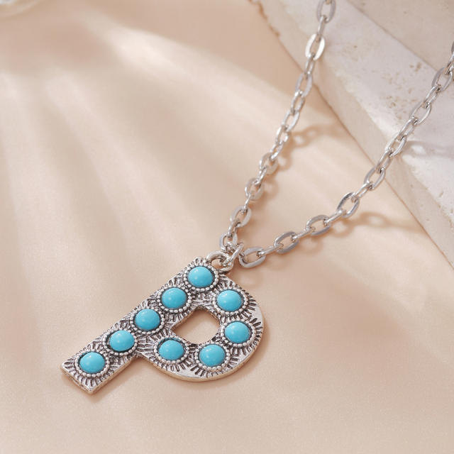 Boho turquoise bead initial letter pendant alloy necklace