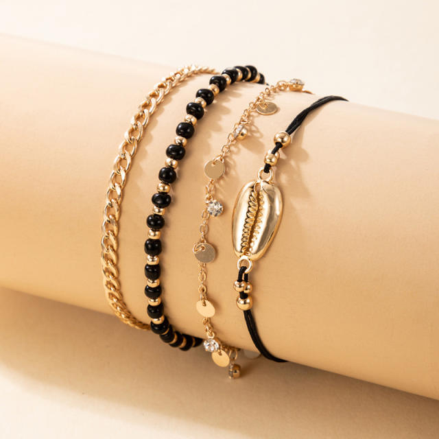 4pcs black bead shell anklet