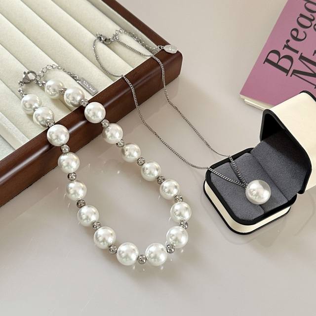 Elegant imitation pearl bead two layer necklace