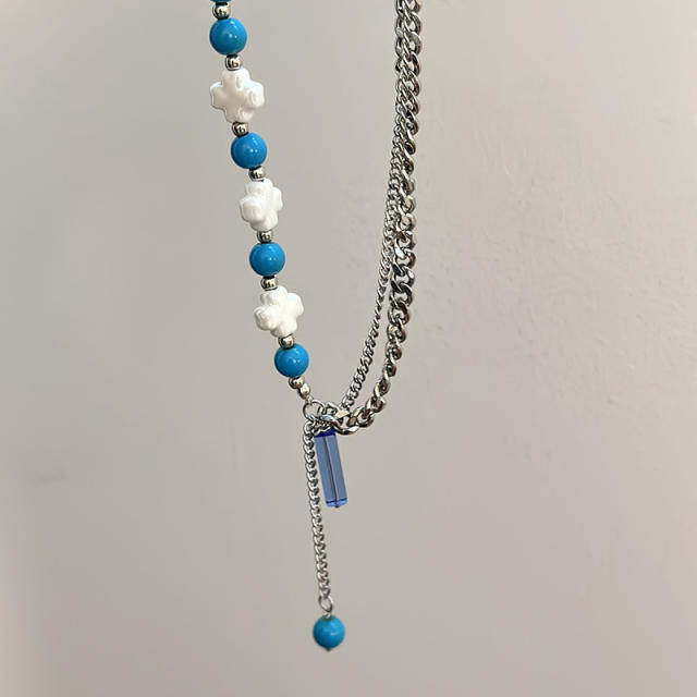 Y2K personality blue bead cross pendant smile face necklace