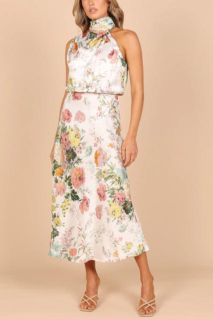 Elegant halter neck floral stain midi dress