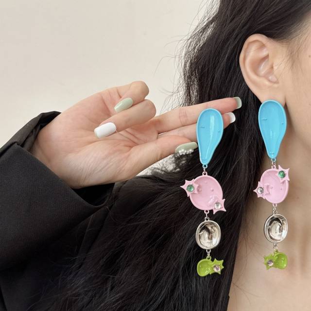 Y2K blue pink enamel geometric dangle long earrings