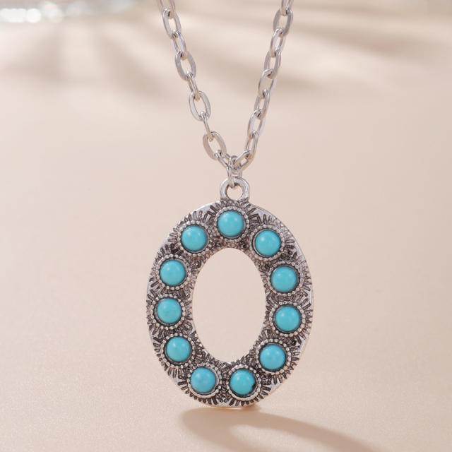 Boho turquoise bead initial letter pendant alloy necklace