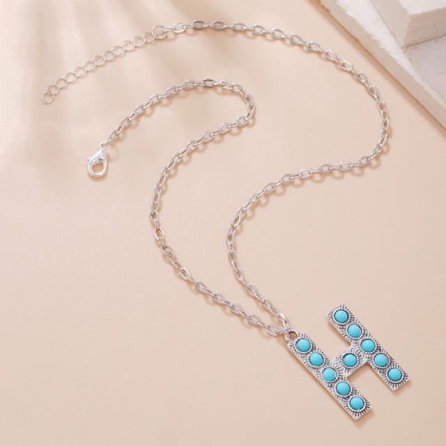 Boho turquoise bead initial letter pendant alloy necklace