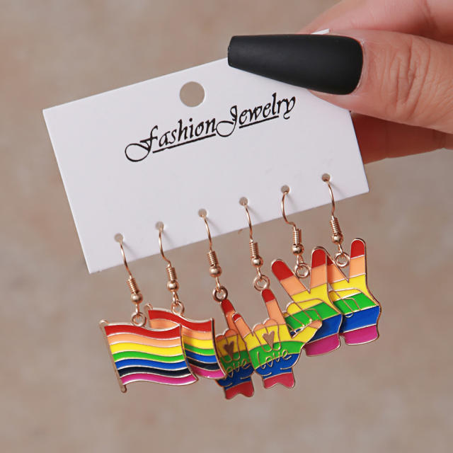3pair rainbow enamel heart earrings set