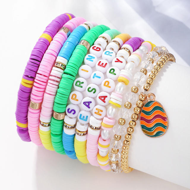 Boho rainbow color clay beads bracelet set