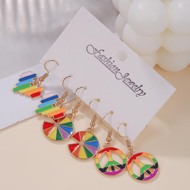 3pair rainbow enamel heart earrings set