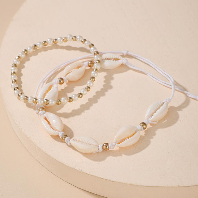 Boho shell tiny bead 2pcs anklet