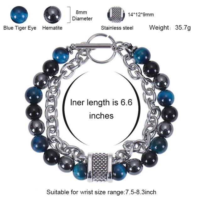 Occident fashion natural stone bead stainless steel chain bracelet for men