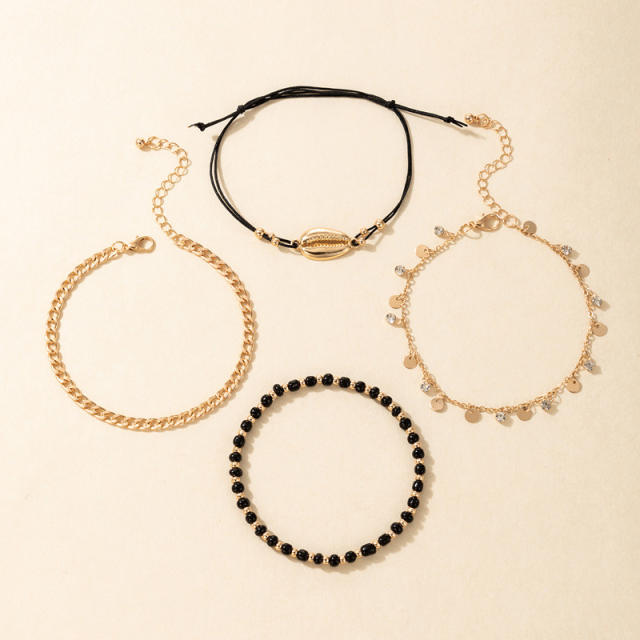 4pcs black bead shell anklet