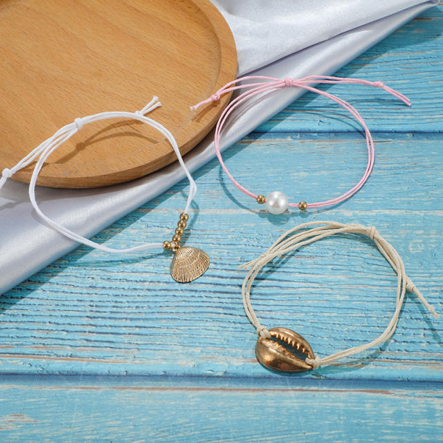 Boho 3pcs shell charm string anklet set