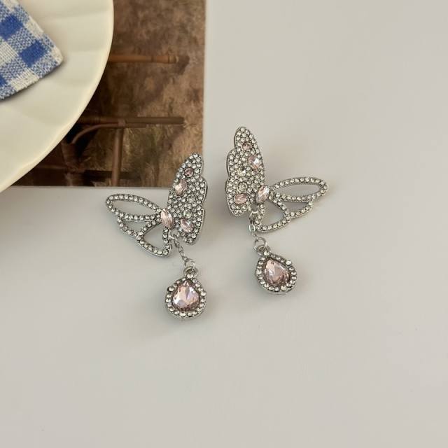 Korean fashion pink drop cubic zircon diamond butterfly earrings