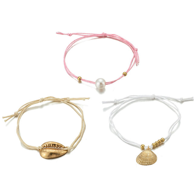 Boho 3pcs shell charm string anklet set