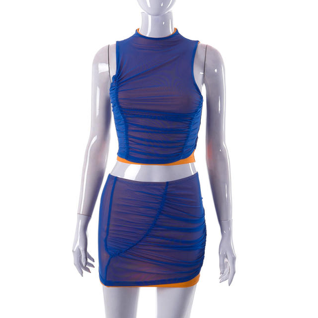 Y2K sexy blue color mini skirt crop tops set