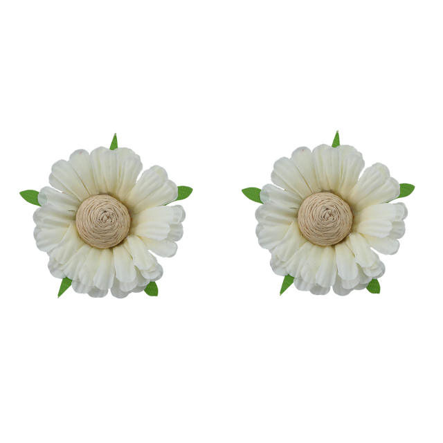 Summer plain color fabric straw flower studs earrings