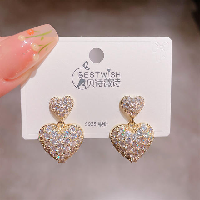 Luxury full diamond heart copper earrings