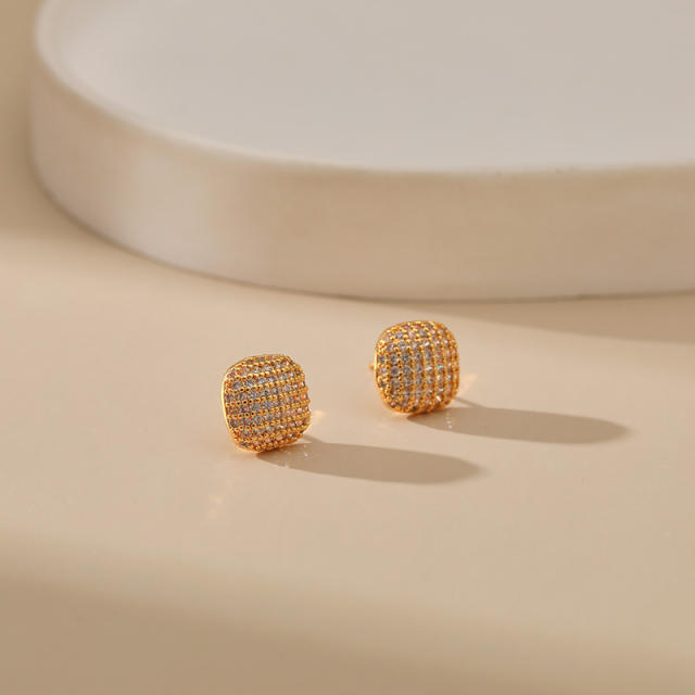 18KG pave setting cubic zircon square copper studs earrings