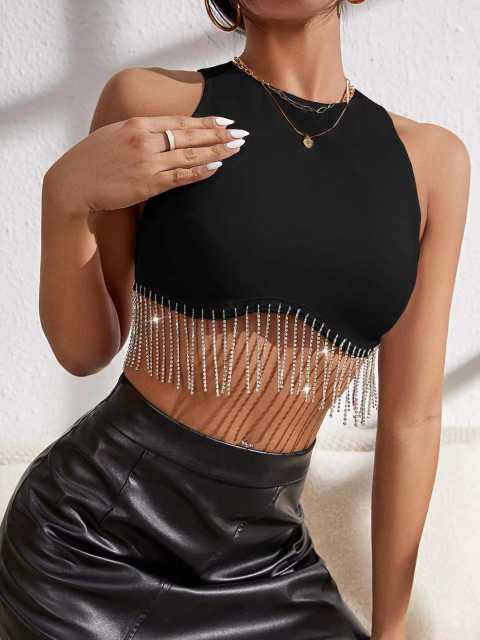 Y2K sexy rhinestone tassel plain color cropped tops