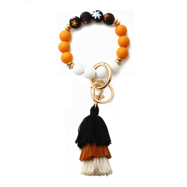 Boho colorful silicone bead rope tassel wristlet keychain