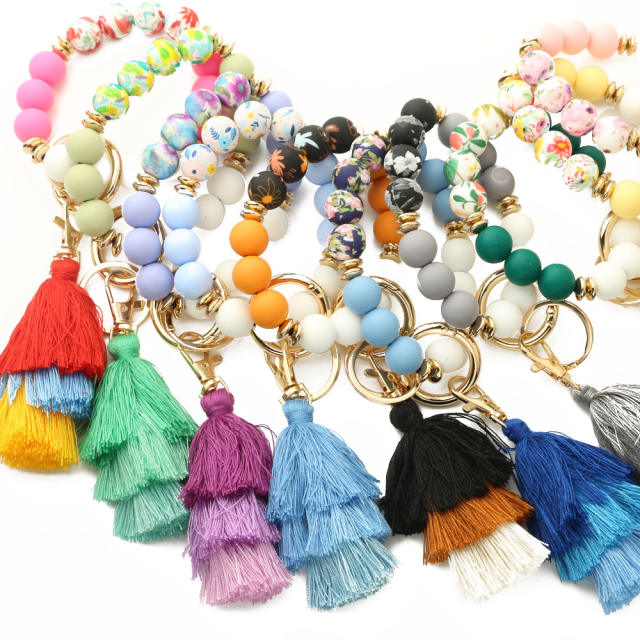 Boho colorful silicone bead rope tassel wristlet keychain