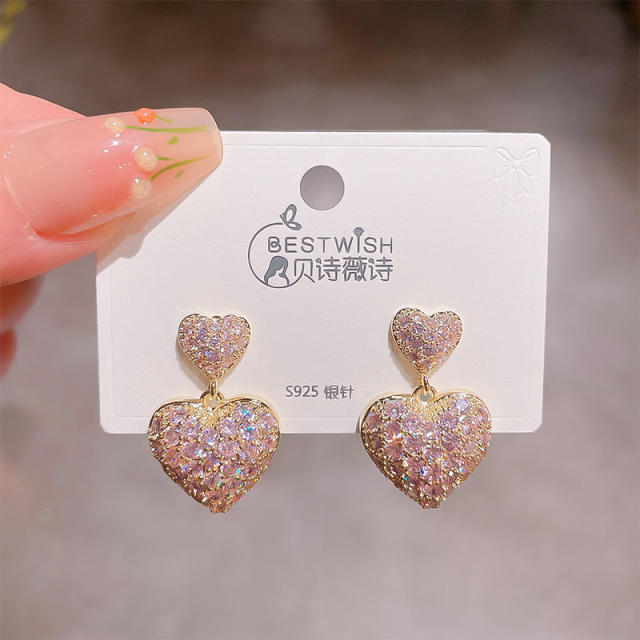 Luxury full diamond heart copper earrings