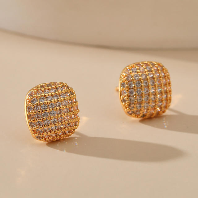 18KG pave setting cubic zircon square copper studs earrings