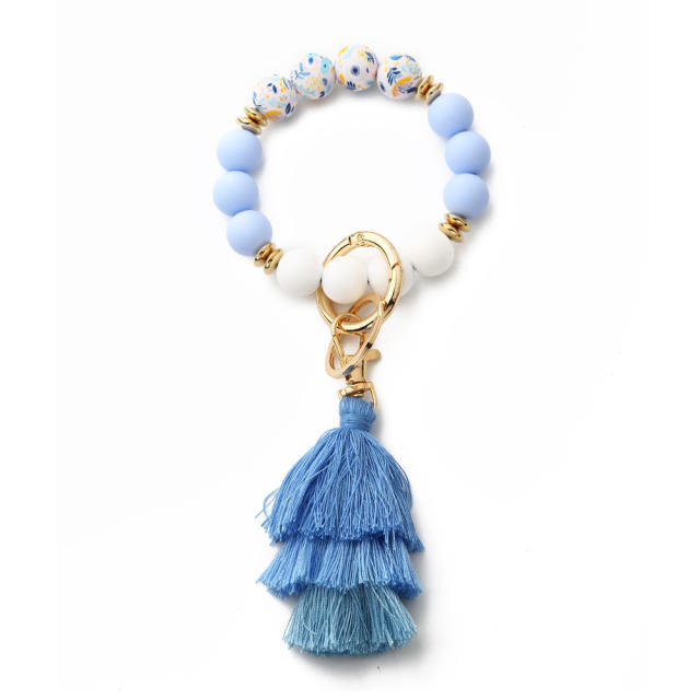 Boho colorful silicone bead rope tassel wristlet keychain