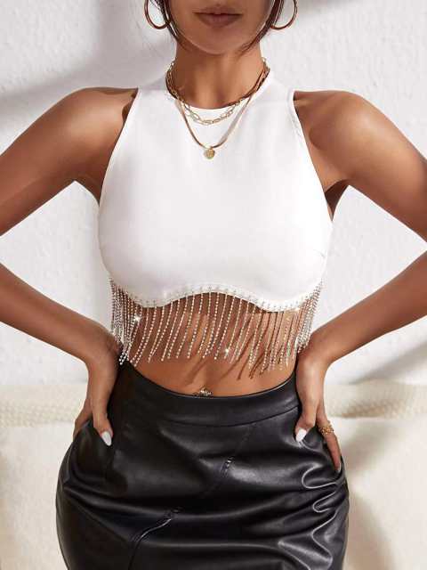 Y2K sexy rhinestone tassel plain color cropped tops