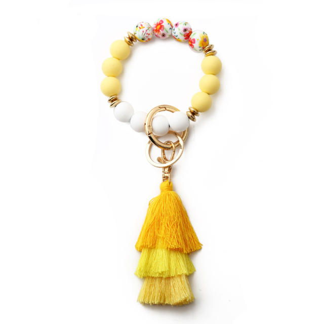 Boho colorful silicone bead rope tassel wristlet keychain