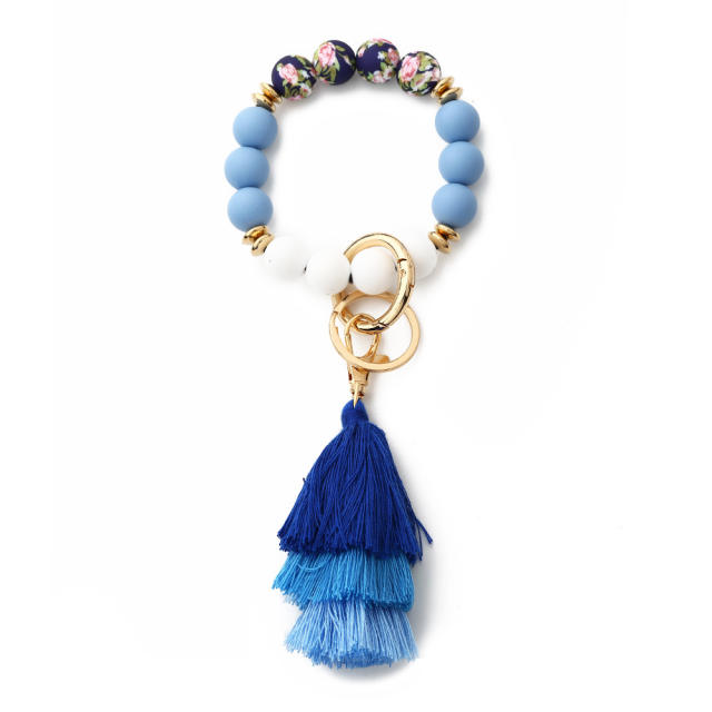 Boho colorful silicone bead rope tassel wristlet keychain