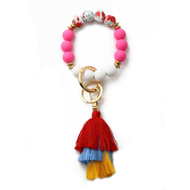 Boho colorful silicone bead rope tassel wristlet keychain