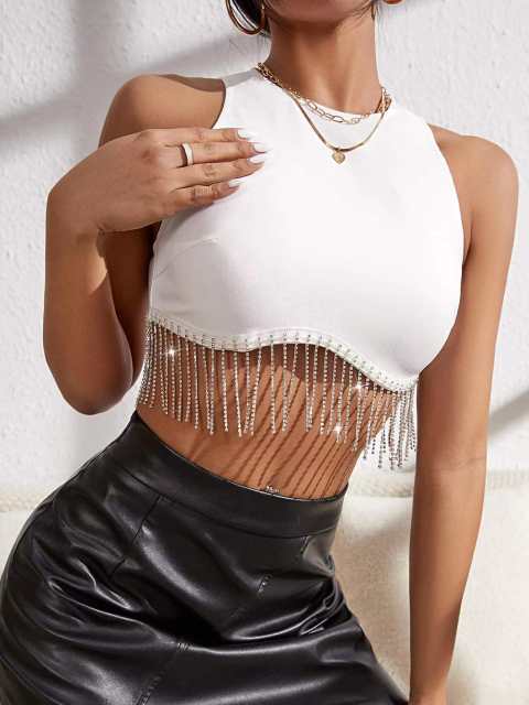 Y2K sexy rhinestone tassel plain color cropped tops