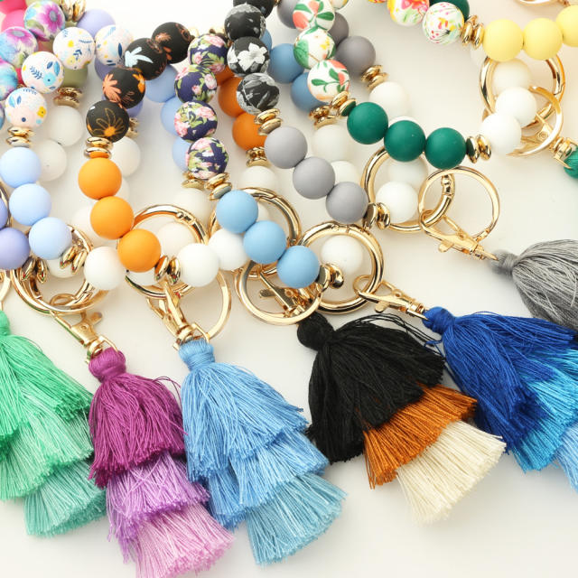 Boho colorful silicone bead rope tassel wristlet keychain