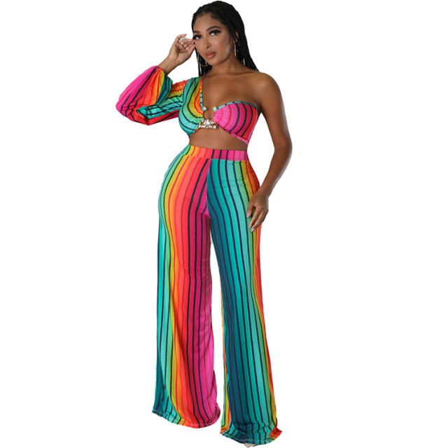 Color striped straight leg pants cropped tops set