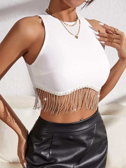 Y2K sexy rhinestone tassel plain color cropped tops