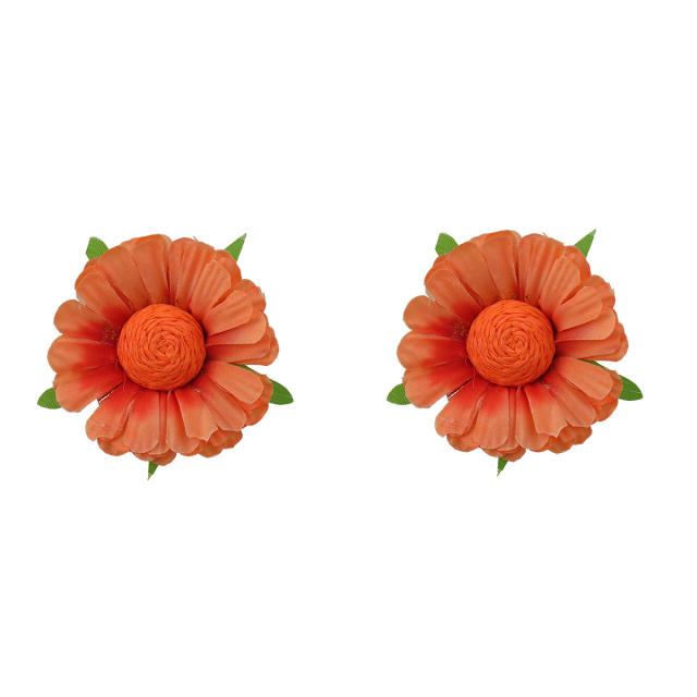 Summer plain color fabric straw flower studs earrings