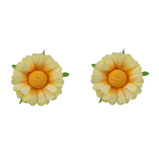 Summer plain color fabric straw flower studs earrings