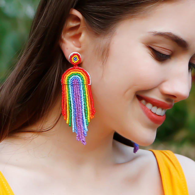 Boho handmade rainbow seed bead tassel earrings